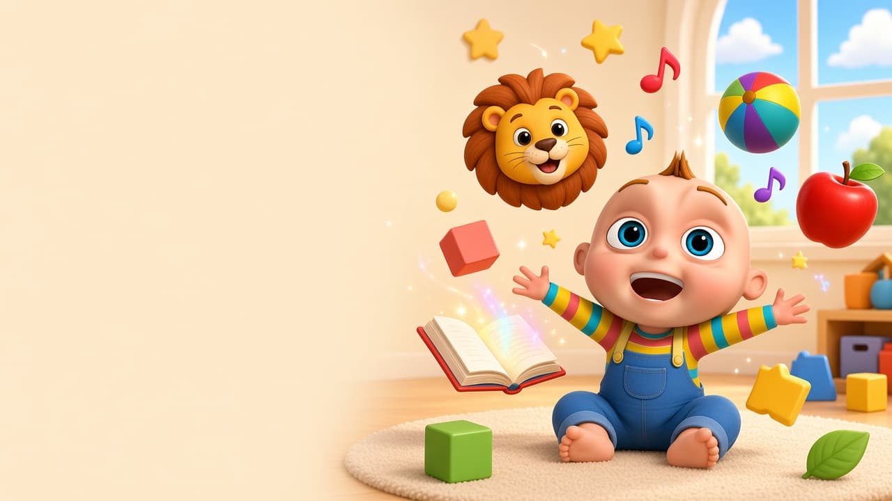 A smiling toddler in a sunny playroom, with a lion, a storybook, a beach ball, and an apple floating nearby.