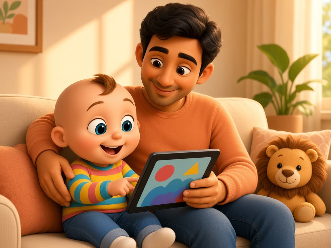 A parent and child sitting together on a sofa, smiling at a tablet of colorful shapes.